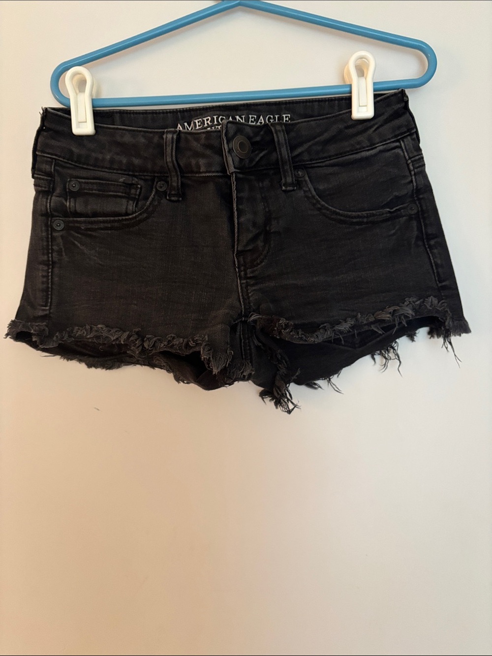 American Eagle Outfitters Super Low Shortie Black Distressed Denim Cutoff Shorts
